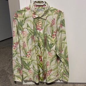 Tommy Bahama Light Green Tropical Leaf & Pink Floral Linen Shirt
